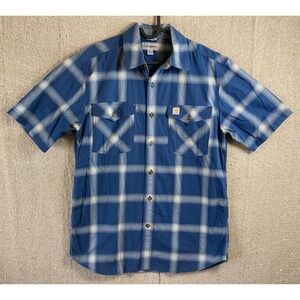 Mens Sz Medium Carhartt Short Sleeve Blue Striped Shirt